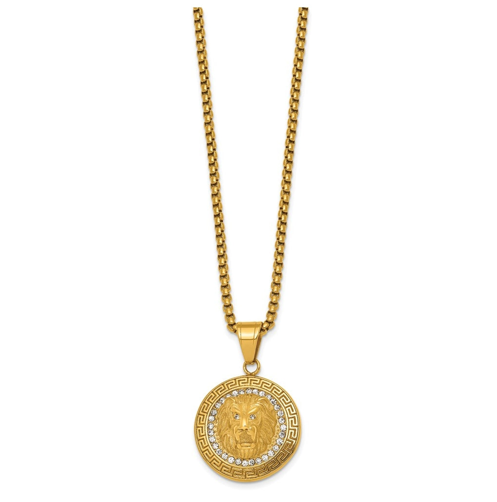 Stainless Steel Polished Yellow IP Lion on Greek Key Crystal Back Necklace – Elegant Jewelry Gift for Birthday, Anniversary, Engagement, Wedding