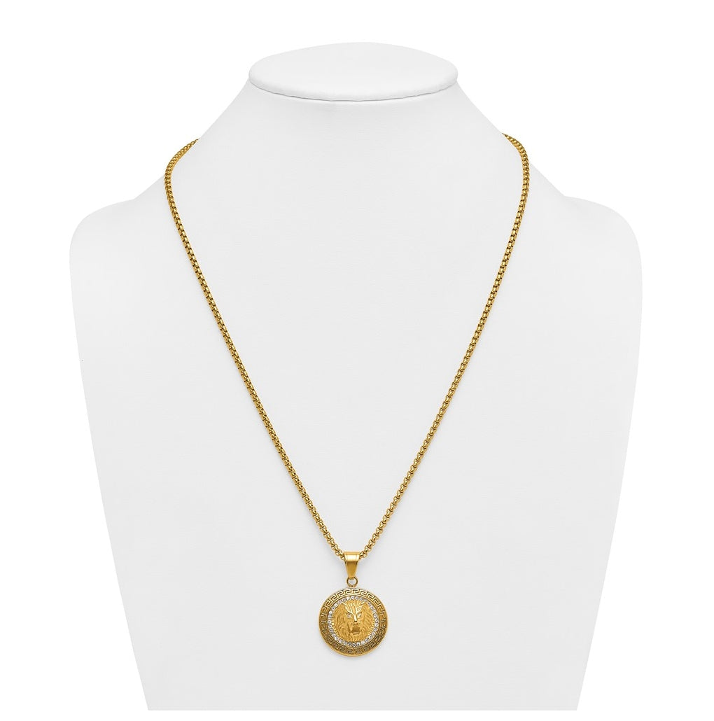 Stainless Steel Polished Yellow IP Lion on Greek Key Crystal Back Necklace – Elegant Jewelry Gift for Birthday, Anniversary, Engagement, Wedding