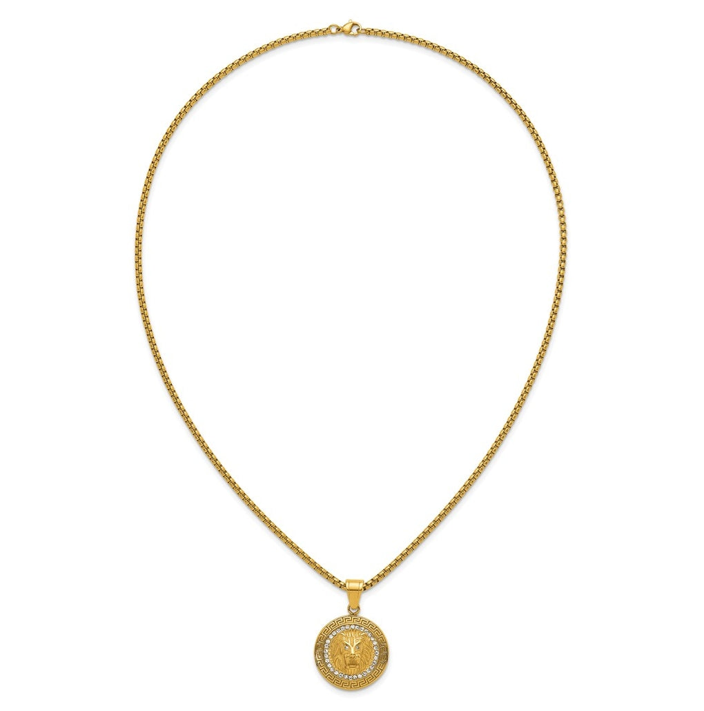 Stainless Steel Polished Yellow IP Lion on Greek Key Crystal Back Necklace – Elegant Jewelry Gift for Birthday, Anniversary, Engagement, Wedding