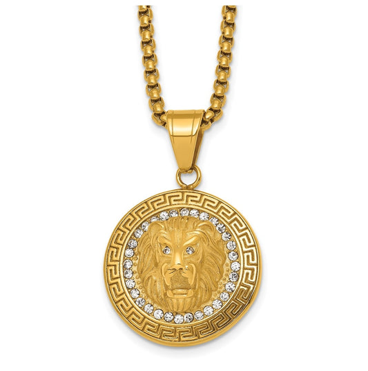 Stainless Steel Polished Yellow IP Lion on Greek Key Crystal Back Necklace – Elegant Jewelry Gift for Birthday, Anniversary, Engagement, Wedding