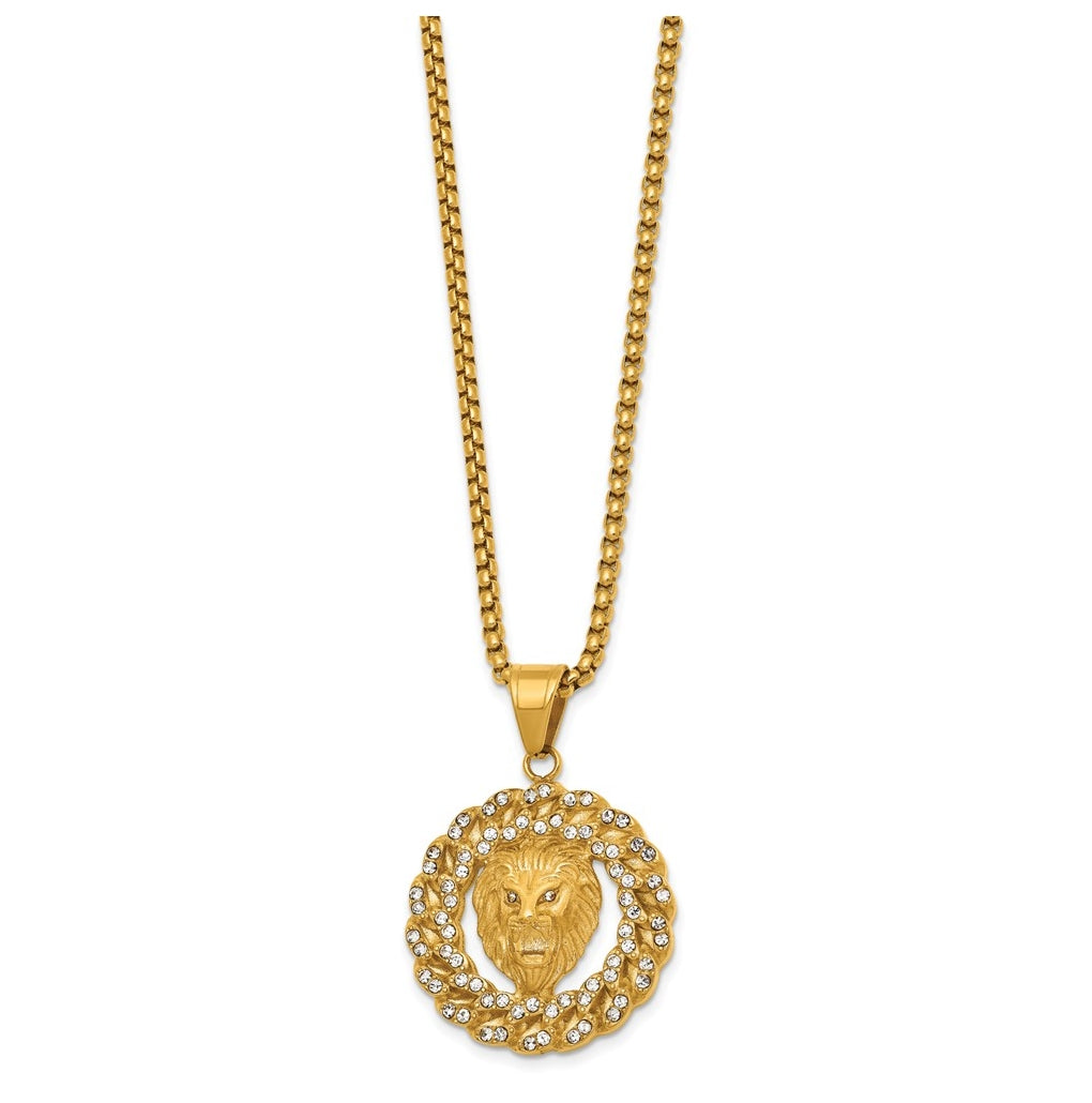 Stainless Steel Polished Yellow IP Lion Head & Crystal Wreath 24in Necklace – Elegant Jewelry Gift for Birthday, Anniversary, Engagement, Wedding