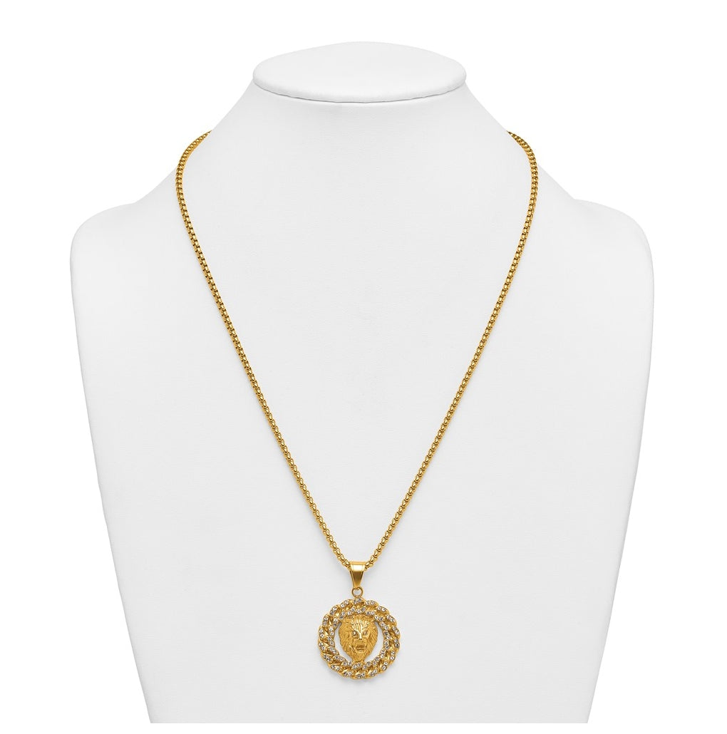 Stainless Steel Polished Yellow IP Lion Head & Crystal Wreath 24in Necklace – Elegant Jewelry Gift for Birthday, Anniversary, Engagement, Wedding