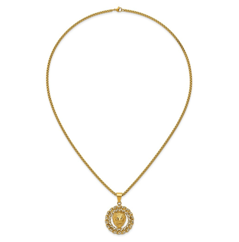 Stainless Steel Polished Yellow IP Lion Head & Crystal Wreath 24in Necklace – Elegant Jewelry Gift for Birthday, Anniversary, Engagement, Wedding