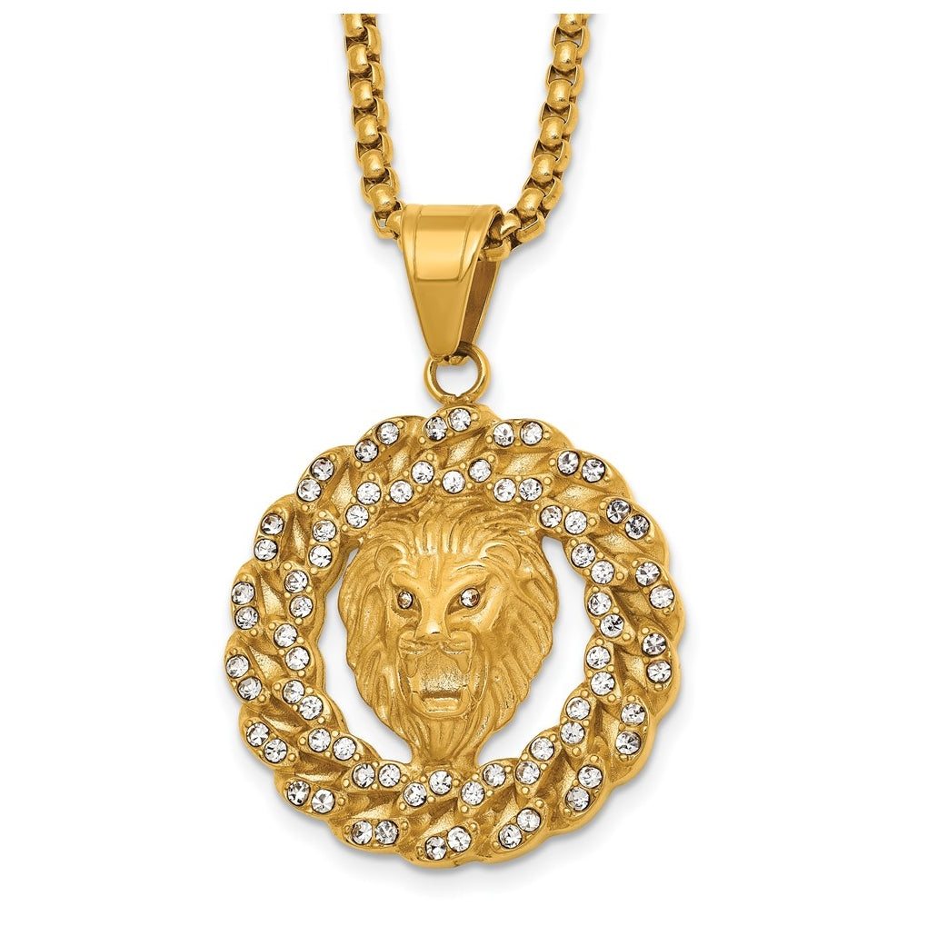 Stainless Steel Polished Yellow IP Lion Head & Crystal Wreath 24in Necklace – Elegant Jewelry Gift for Birthday, Anniversary, Engagement, Wedding