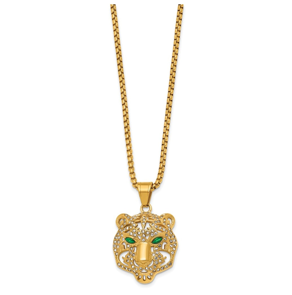 Stainless Steel Polished Yellow IP White/Green Crystal Tiger 24in Necklace – Elegant Jewelry Gift for Birthday, Anniversary, Engagement, Wedding