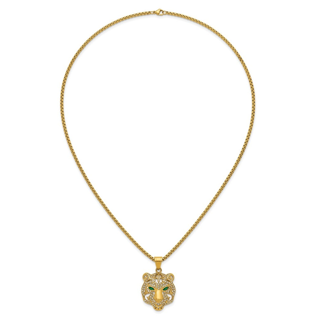 Stainless Steel Polished Yellow IP White/Green Crystal Tiger 24in Necklace – Elegant Jewelry Gift for Birthday, Anniversary, Engagement, Wedding