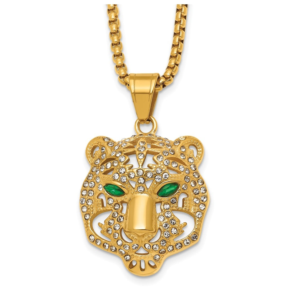 Stainless Steel Polished Yellow IP White/Green Crystal Tiger 24in Necklace – Elegant Jewelry Gift for Birthday, Anniversary, Engagement, Wedding