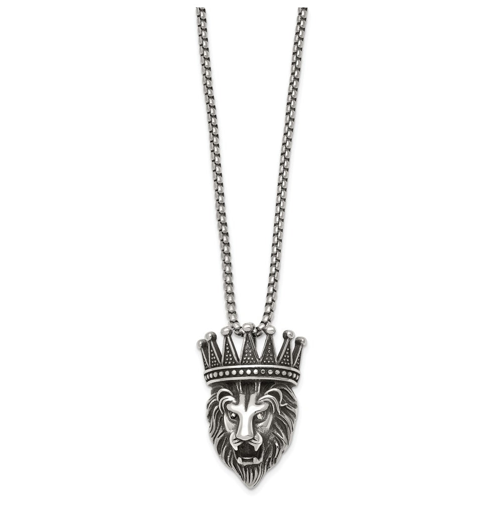 Stainless Steel Antiqued Polished with Crystal Crowned Lion Head 24in Necklace – Elegant Jewelry Gift for Birthday, Anniversary, Engagement, Wedding