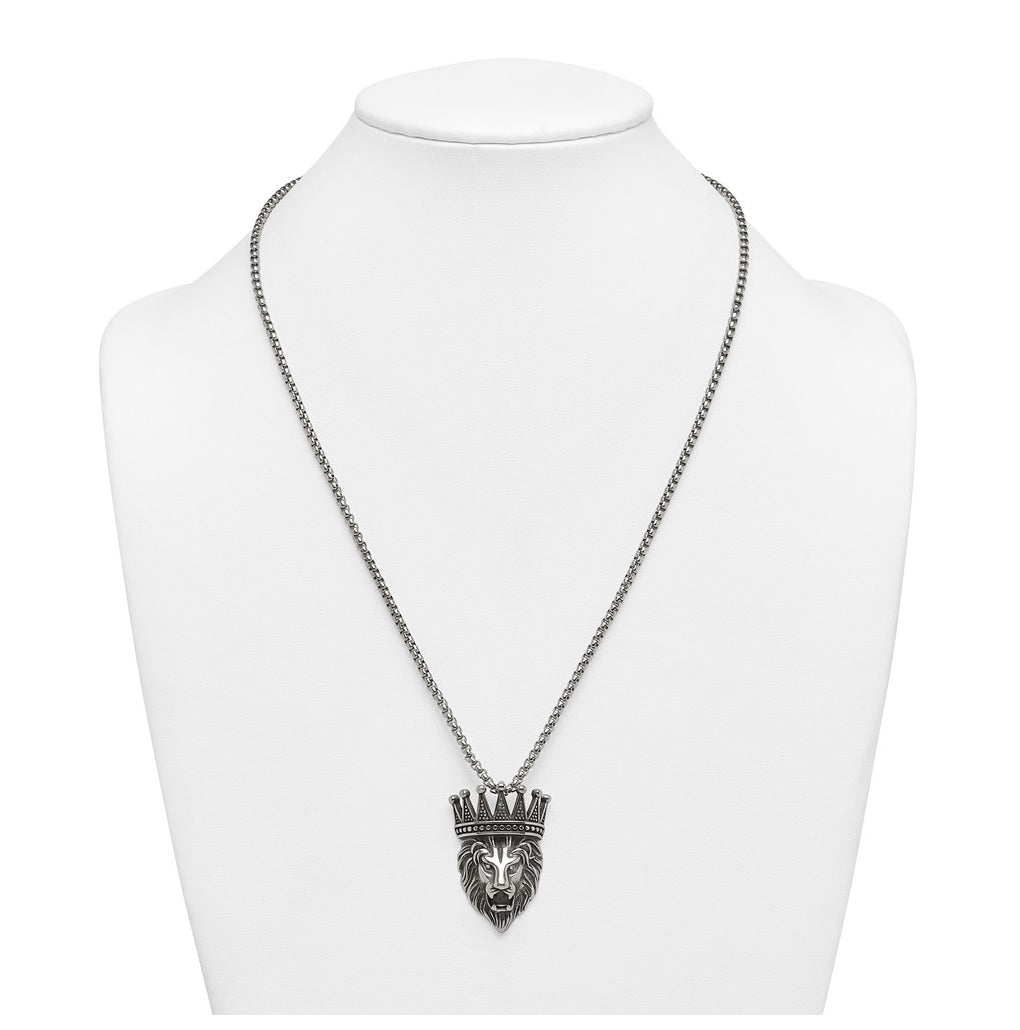Stainless Steel Antiqued Polished with Crystal Crowned Lion Head 24in Necklace – Elegant Jewelry Gift for Birthday, Anniversary, Engagement, Wedding