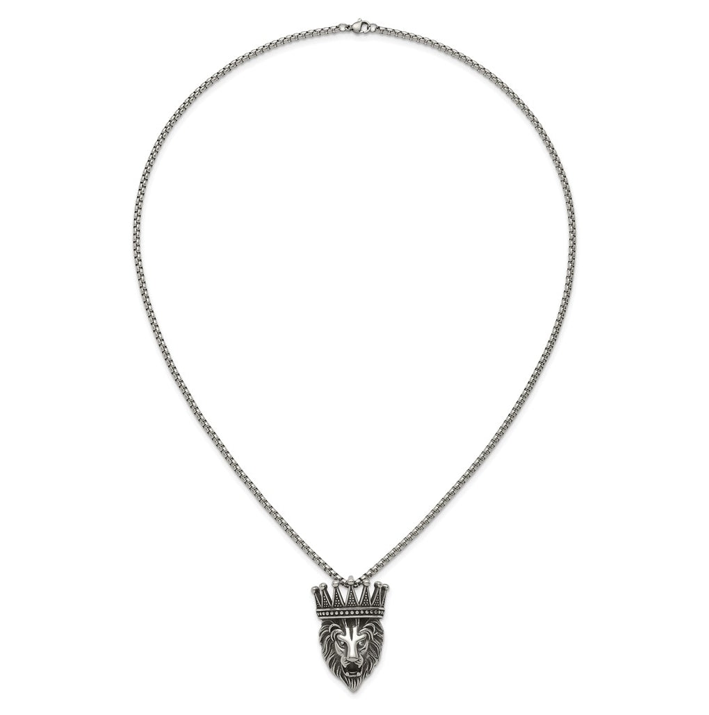 Stainless Steel Antiqued Polished with Crystal Crowned Lion Head 24in Necklace – Elegant Jewelry Gift for Birthday, Anniversary, Engagement, Wedding