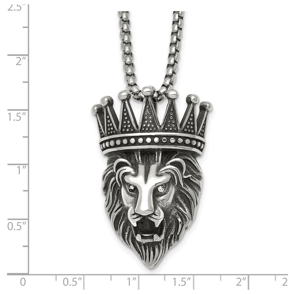 Stainless Steel Antiqued Polished with Crystal Crowned Lion Head 24in Necklace – Elegant Jewelry Gift for Birthday, Anniversary, Engagement, Wedding