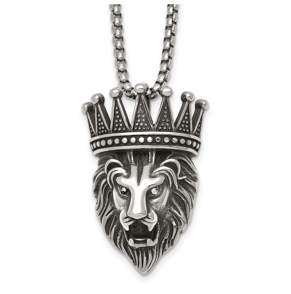 Stainless Steel Antiqued Polished with Crystal Crowned Lion Head 24in Necklace – Elegant Jewelry Gift for Birthday, Anniversary, Engagement, Wedding