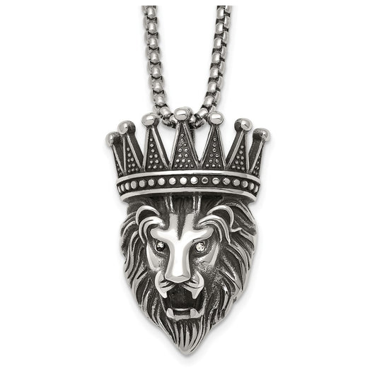 Stainless Steel Antiqued Polished with Crystal Crowned Lion Head 24in Necklace – Elegant Jewelry Gift for Birthday, Anniversary, Engagement, Wedding