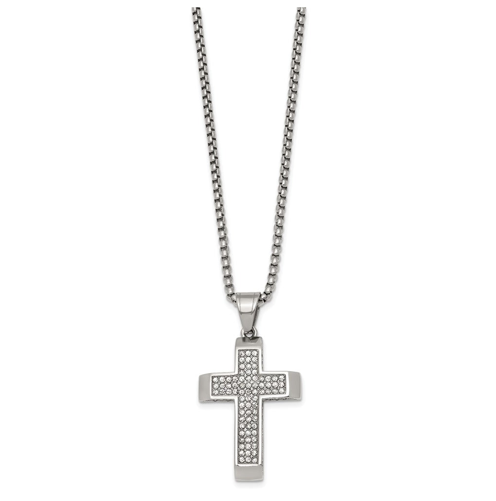Stainless Steel Polished Crystal Cross 24in Necklace – Elegant Jewelry Gift for Birthday, Anniversary, Engagement, Wedding