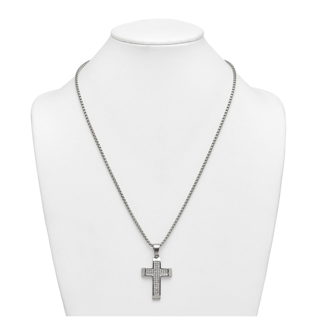 Stainless Steel Polished Crystal Cross 24in Necklace – Elegant Jewelry Gift for Birthday, Anniversary, Engagement, Wedding
