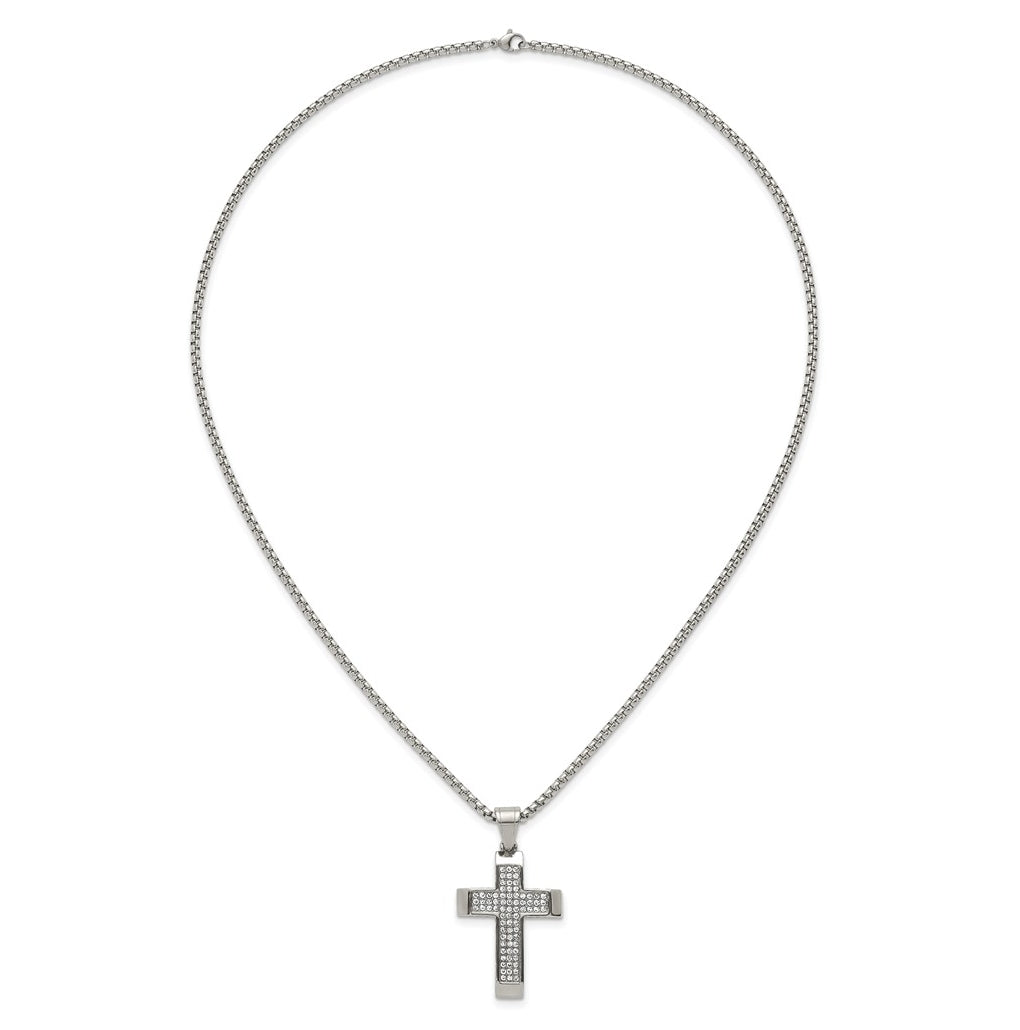 Stainless Steel Polished Crystal Cross 24in Necklace – Elegant Jewelry Gift for Birthday, Anniversary, Engagement, Wedding