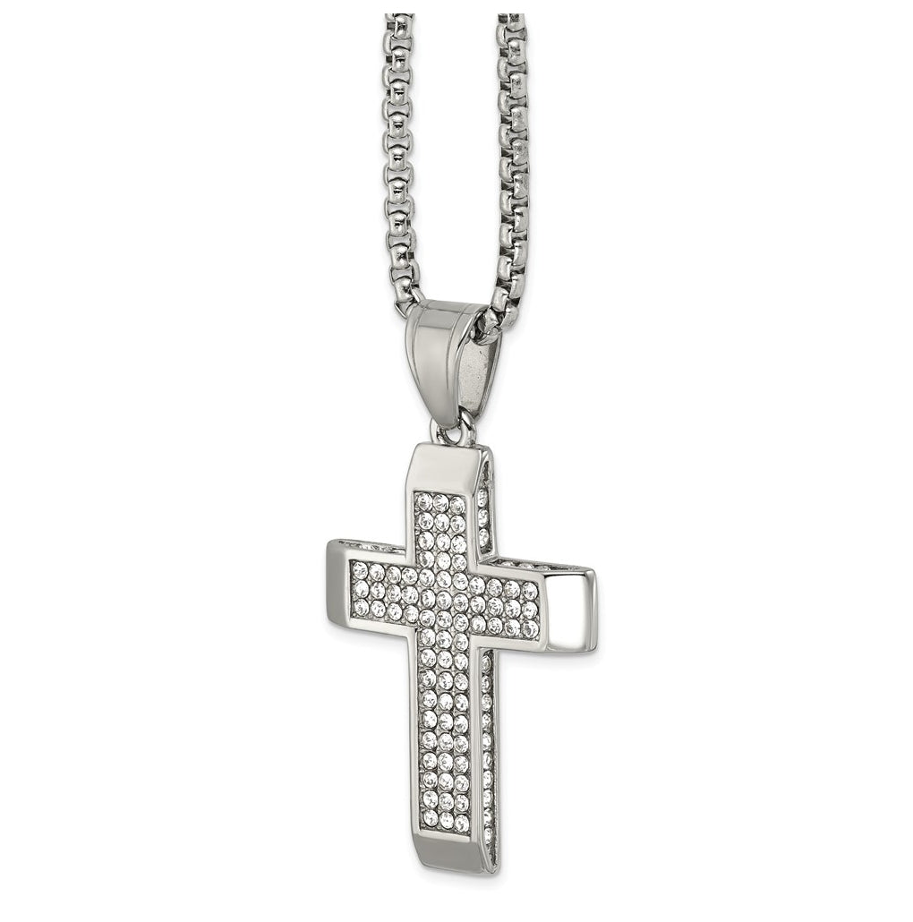 Stainless Steel Polished Crystal Cross 24in Necklace – Elegant Jewelry Gift for Birthday, Anniversary, Engagement, Wedding