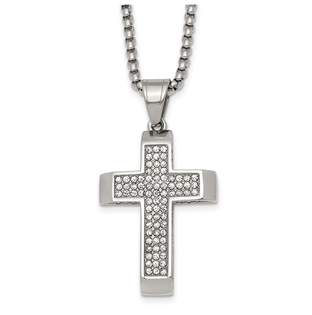 Stainless Steel Polished Crystal Cross 24in Necklace – Elegant Jewelry Gift for Birthday, Anniversary, Engagement, Wedding