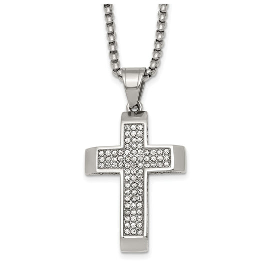 Stainless Steel Polished Crystal Cross 24in Necklace – Elegant Jewelry Gift for Birthday, Anniversary, Engagement, Wedding