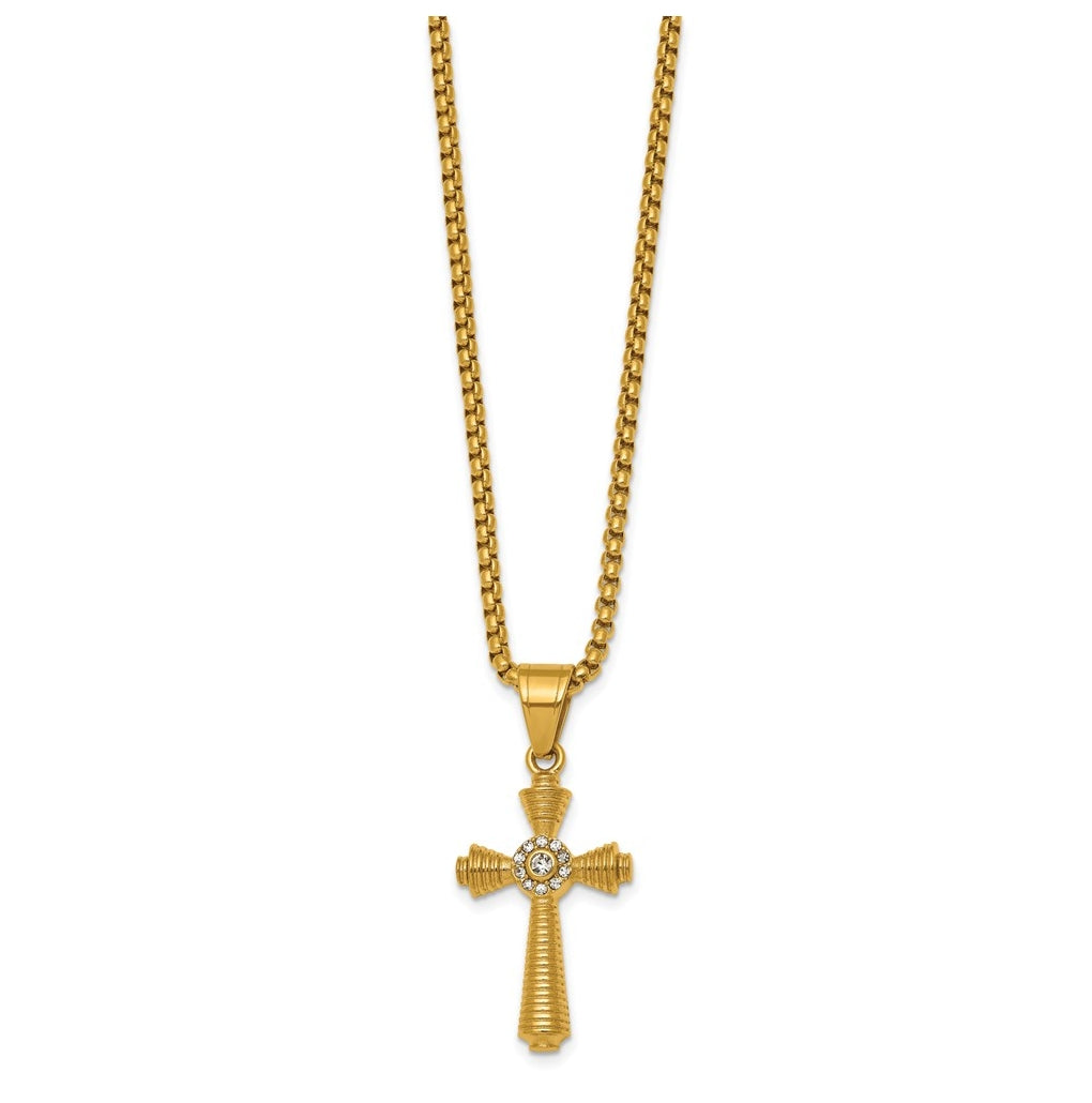 Stainless Steel Polished Yellow IP-plated Crystal  Cross 24in Necklace – Elegant Jewelry Gift for Birthday, Anniversary, Engagement, Wedding