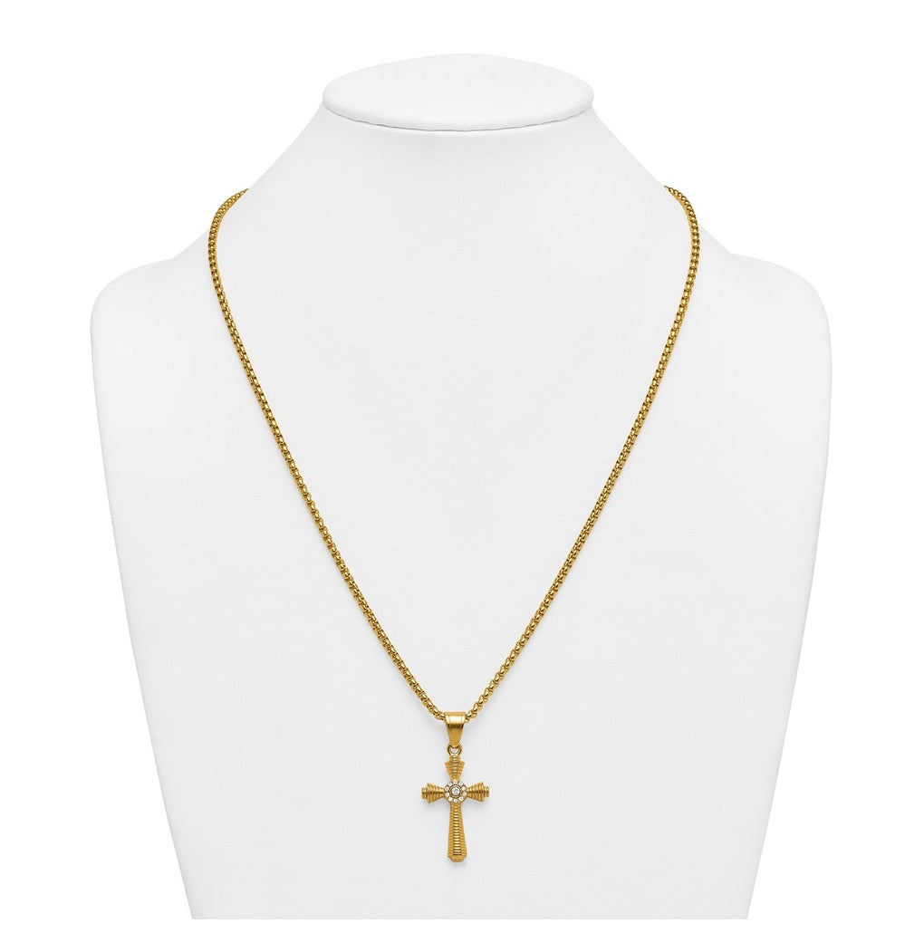 Stainless Steel Polished Yellow IP-plated Crystal  Cross 24in Necklace – Elegant Jewelry Gift for Birthday, Anniversary, Engagement, Wedding