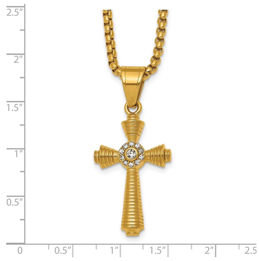 Stainless Steel Polished Yellow IP-plated Crystal  Cross 24in Necklace – Elegant Jewelry Gift for Birthday, Anniversary, Engagement, Wedding