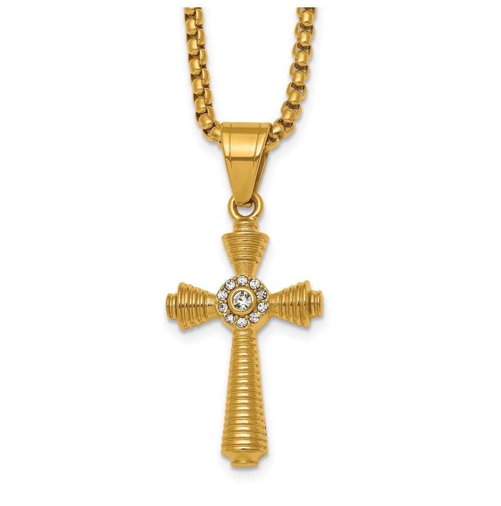 Stainless Steel Polished Yellow IP-plated Crystal  Cross 24in Necklace – Elegant Jewelry Gift for Birthday, Anniversary, Engagement, Wedding