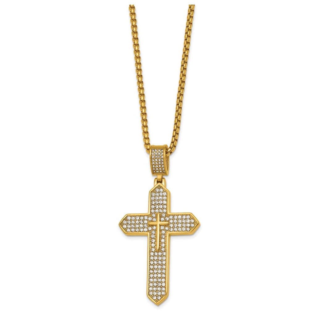 Stainless Steel Polished Yellow IP Crystal Passion Cross 24in Necklace – Elegant Jewelry Gift for Birthday, Anniversary, Engagement, Wedding