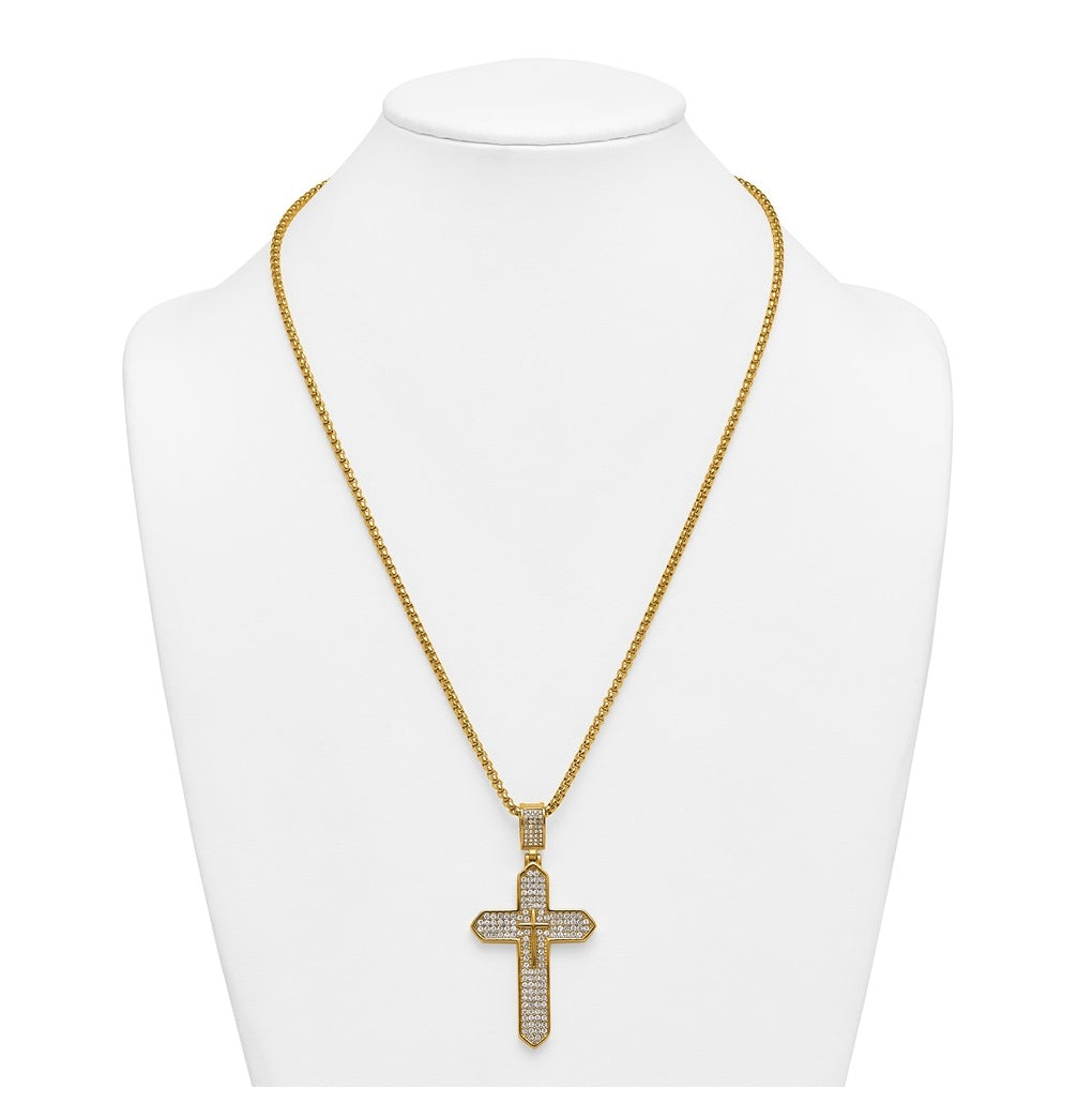 Stainless Steel Polished Yellow IP Crystal Passion Cross 24in Necklace – Elegant Jewelry Gift for Birthday, Anniversary, Engagement, Wedding