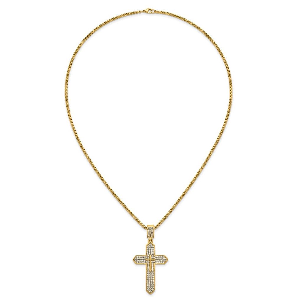 Stainless Steel Polished Yellow IP Crystal Passion Cross 24in Necklace – Elegant Jewelry Gift for Birthday, Anniversary, Engagement, Wedding