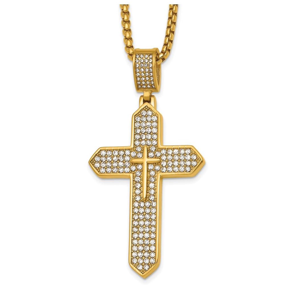 Stainless Steel Polished Yellow IP Crystal Passion Cross 24in Necklace – Elegant Jewelry Gift for Birthday, Anniversary, Engagement, Wedding