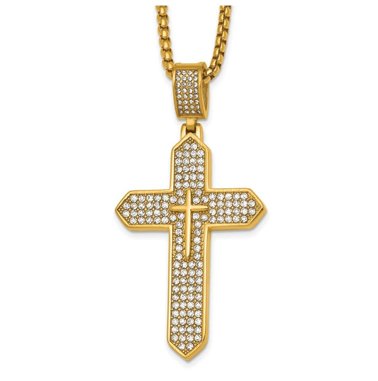Stainless Steel Polished Yellow IP Crystal Passion Cross 24in Necklace – Elegant Jewelry Gift for Birthday, Anniversary, Engagement, Wedding