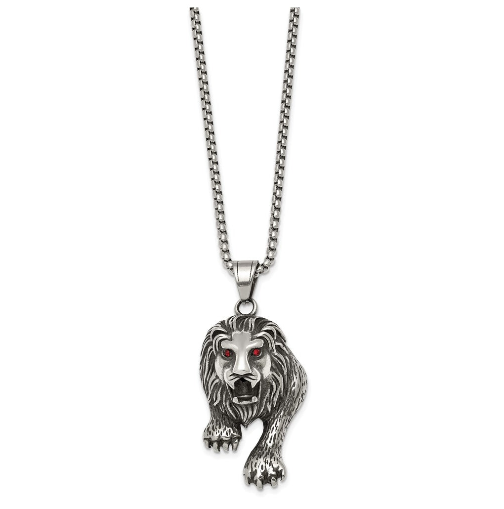 Stainless Steel Antiqued and Polished Red Crystal Eyed Lion 24in Necklace – Elegant Jewelry Gift for Birthday, Anniversary, Engagement, Wedding