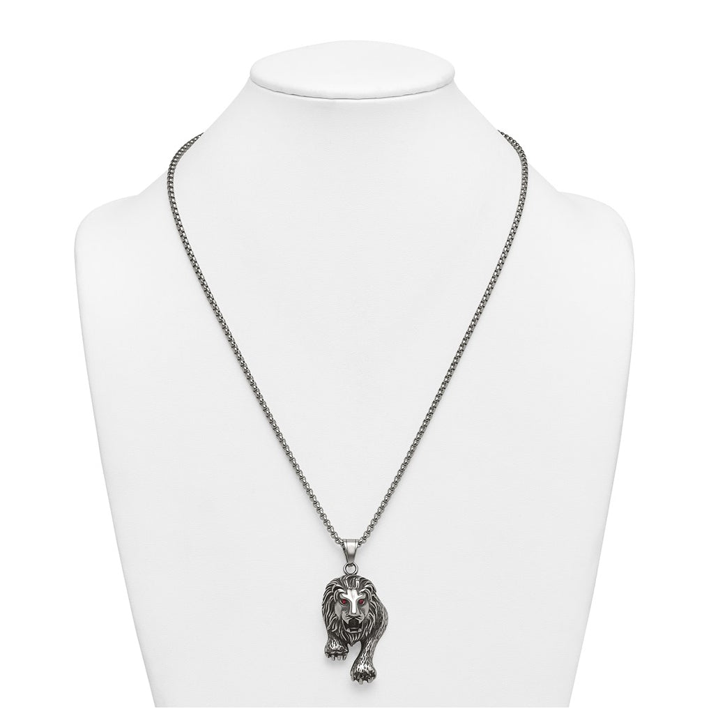 Stainless Steel Antiqued and Polished Red Crystal Eyed Lion 24in Necklace – Elegant Jewelry Gift for Birthday, Anniversary, Engagement, Wedding