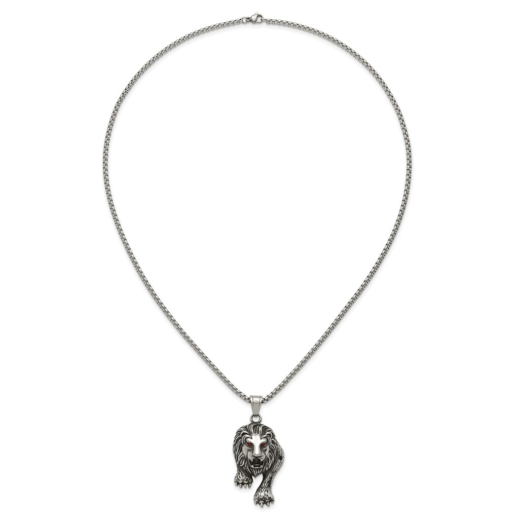 Stainless Steel Antiqued and Polished Red Crystal Eyed Lion 24in Necklace – Elegant Jewelry Gift for Birthday, Anniversary, Engagement, Wedding
