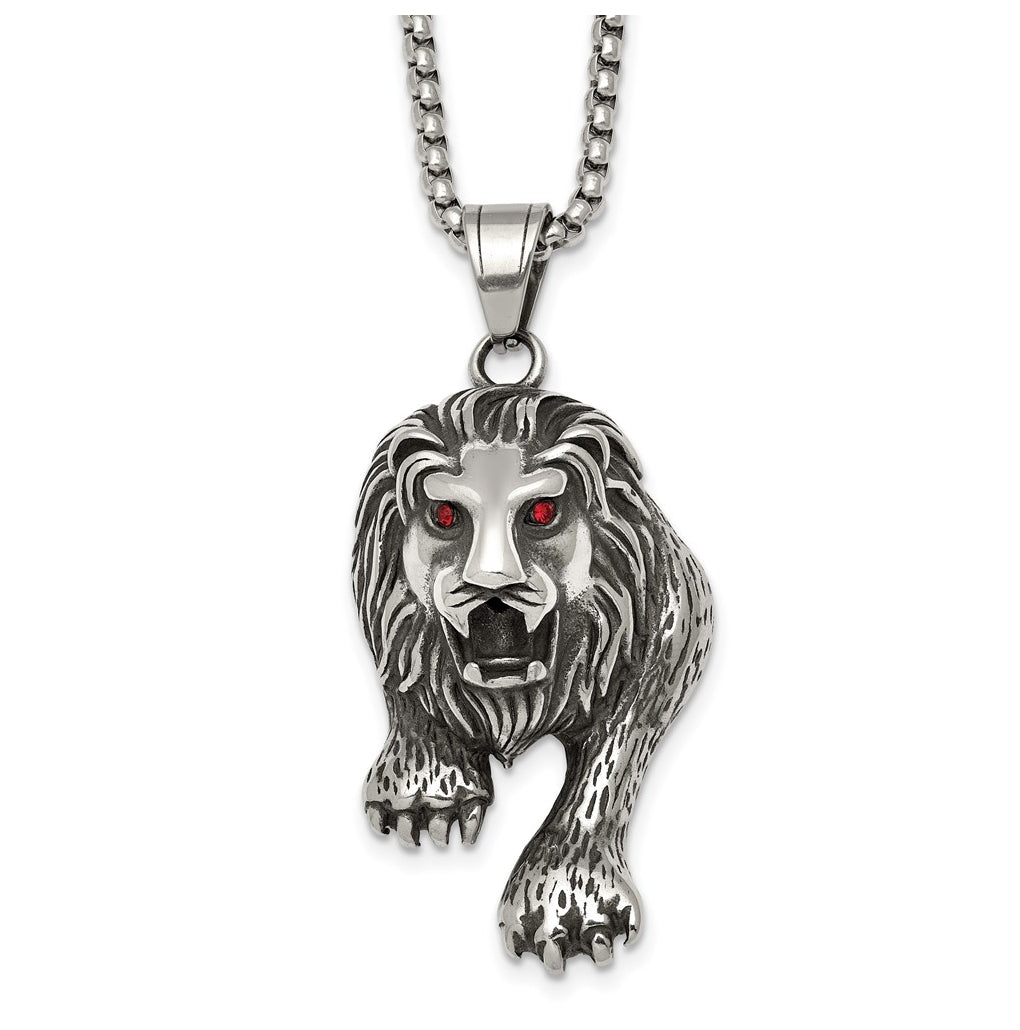 Stainless Steel Antiqued and Polished Red Crystal Eyed Lion 24in Necklace – Elegant Jewelry Gift for Birthday, Anniversary, Engagement, Wedding