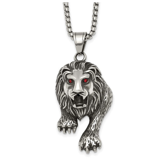 Stainless Steel Antiqued and Polished Red Crystal Eyed Lion 24in Necklace – Elegant Jewelry Gift for Birthday, Anniversary, Engagement, Wedding