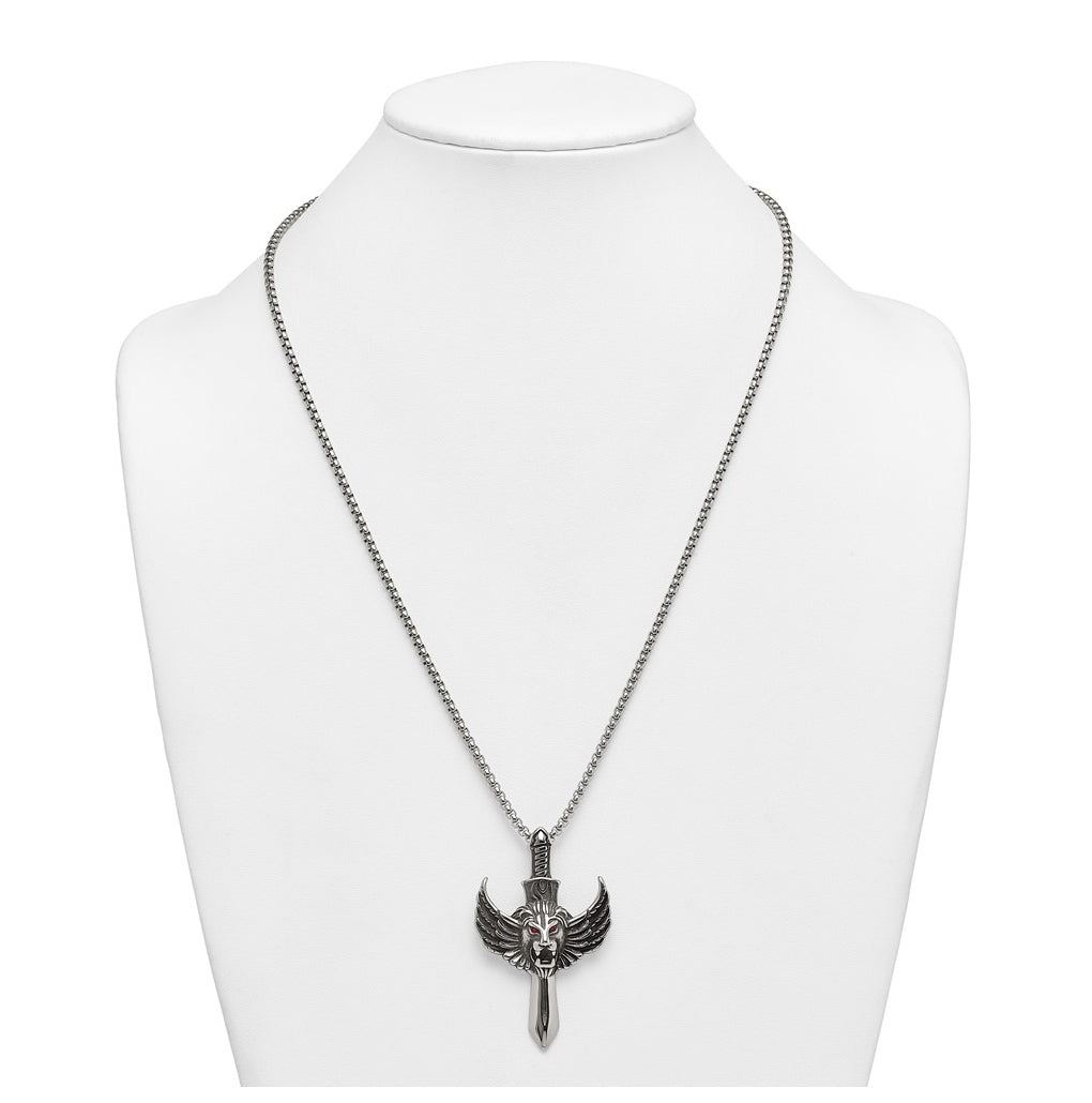 Stainless Steel Antiqued Polished Red Crystal Eyed Lion/Sword 24in Necklace – Elegant Jewelry Gift for Birthday, Anniversary, Engagement, Wedding