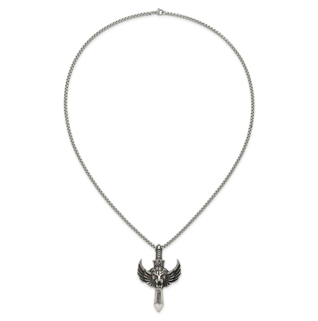 Stainless Steel Antiqued Polished Red Crystal Eyed Lion/Sword 24in Necklace – Elegant Jewelry Gift for Birthday, Anniversary, Engagement, Wedding