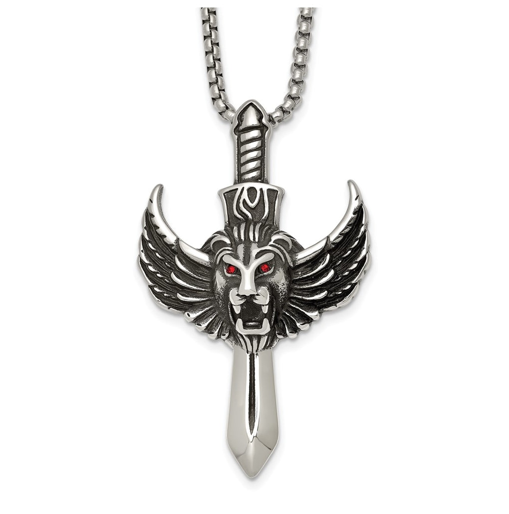 Stainless Steel Antiqued Polished Red Crystal Eyed Lion/Sword 24in Necklace – Elegant Jewelry Gift for Birthday, Anniversary, Engagement, Wedding