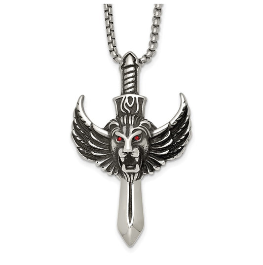 Stainless Steel Antiqued Polished Red Crystal Eyed Lion/Sword 24in Necklace – Elegant Jewelry Gift for Birthday, Anniversary, Engagement, Wedding