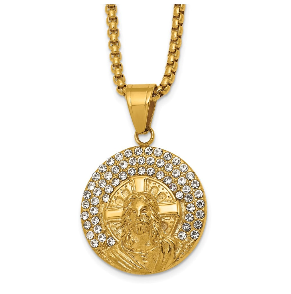 Stainless Steel Polished Yellow IPJesus on Crystal Dog Tag 24in Necklace – Elegant Jewelry Gift for Birthday, Anniversary, Engagement, Wedding