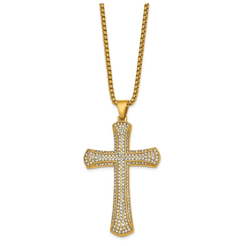Stainless Steel Polished Yellow IP-plated Crystal  Cross 24in Necklace – Elegant Jewelry Gift for Birthday, Anniversary, Engagement, Wedding
