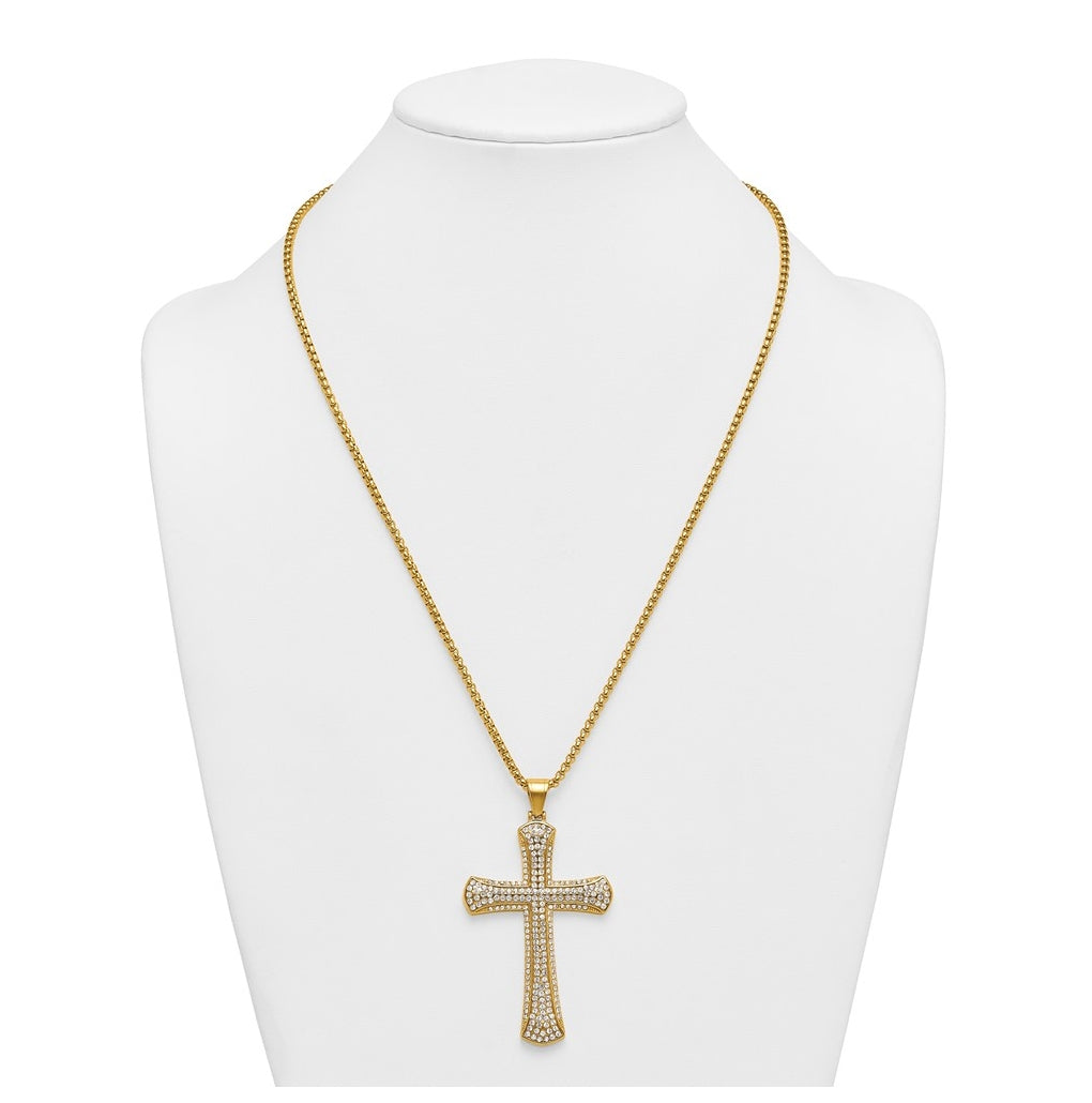 Stainless Steel Polished Yellow IP-plated Crystal  Cross 24in Necklace – Elegant Jewelry Gift for Birthday, Anniversary, Engagement, Wedding
