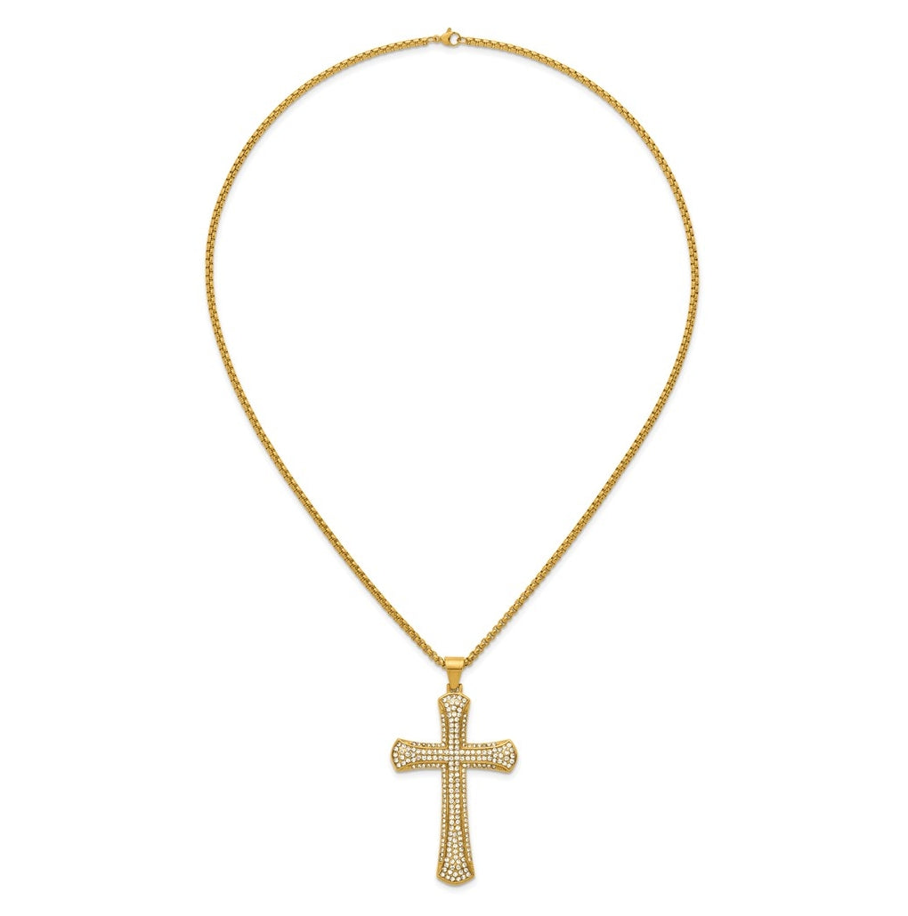 Stainless Steel Polished Yellow IP-plated Crystal  Cross 24in Necklace – Elegant Jewelry Gift for Birthday, Anniversary, Engagement, Wedding