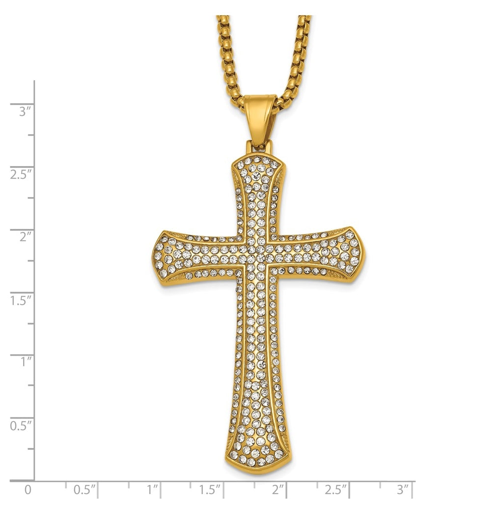 Stainless Steel Polished Yellow IP-plated Crystal  Cross 24in Necklace – Elegant Jewelry Gift for Birthday, Anniversary, Engagement, Wedding
