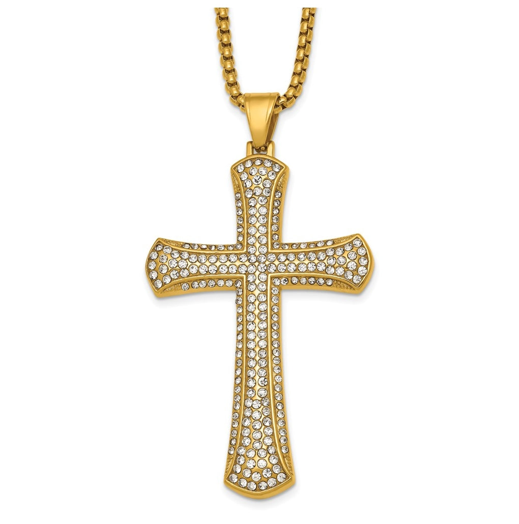 Stainless Steel Polished Yellow IP-plated Crystal  Cross 24in Necklace – Elegant Jewelry Gift for Birthday, Anniversary, Engagement, Wedding
