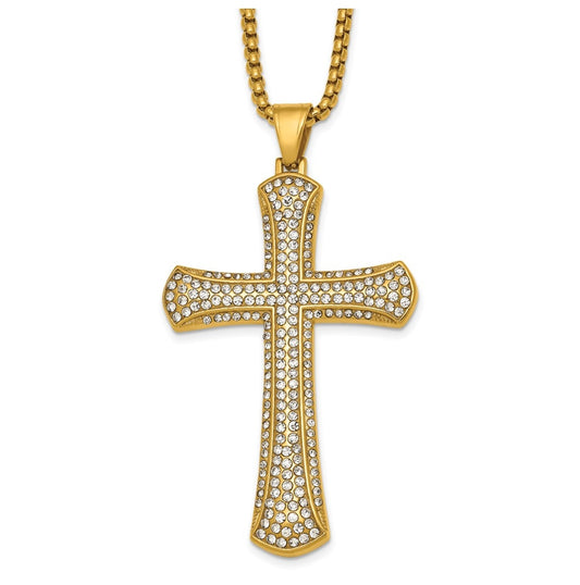 Stainless Steel Polished Yellow IP-plated Crystal  Cross 24in Necklace – Elegant Jewelry Gift for Birthday, Anniversary, Engagement, Wedding
