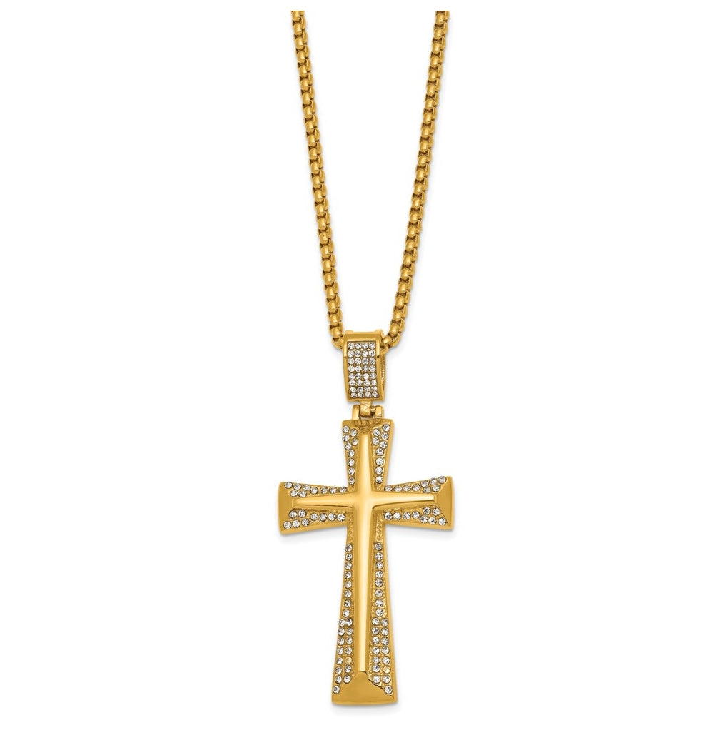 Stainless Steel Polished Yellow IP-plated Crystal  Cross 24in Necklace – Elegant Jewelry Gift for Birthday, Anniversary, Engagement, Wedding