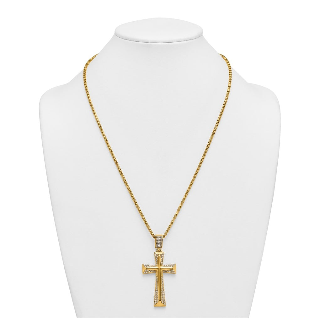 Stainless Steel Polished Yellow IP-plated Crystal  Cross 24in Necklace – Elegant Jewelry Gift for Birthday, Anniversary, Engagement, Wedding